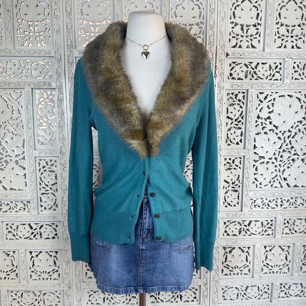 cAbi Blue Teal Faux Fur Collar Button Up Long Sleeve Coquette Twee Cardigan Sz S